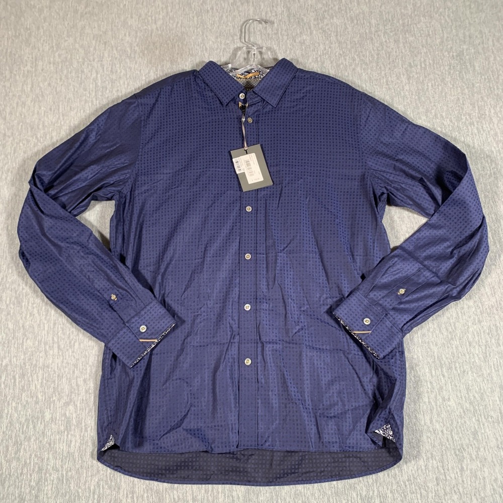 Ted Baker Shirt Mens 16.5 Blue Micro Print Slim‎ Fit Stretch Long Sleeve Dress